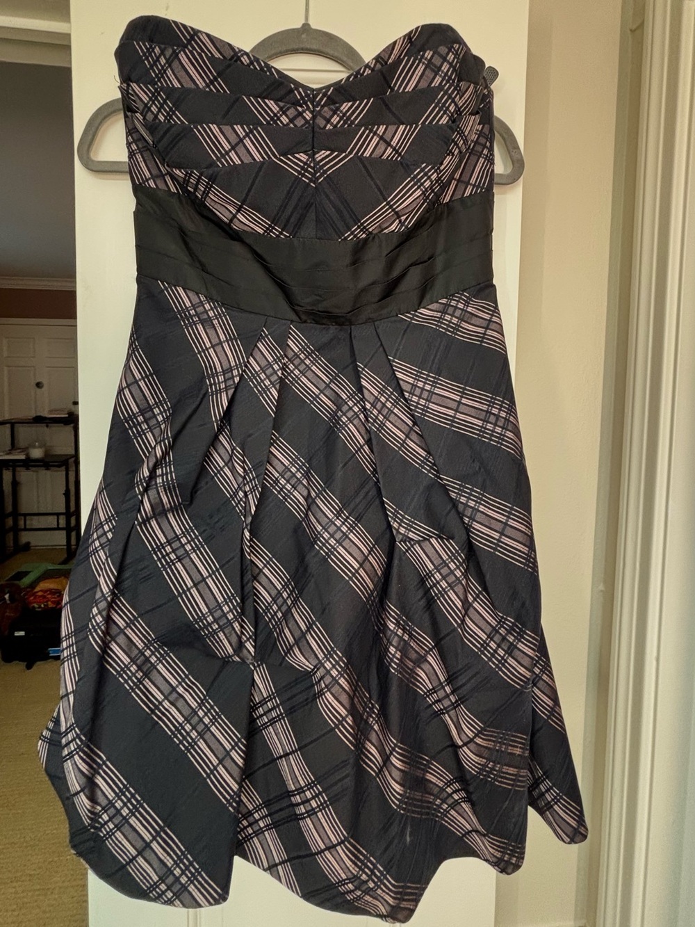 BCBGMAXAZRIA Plaid Pintucked Strapless Bubble Hem Cocktail Dress